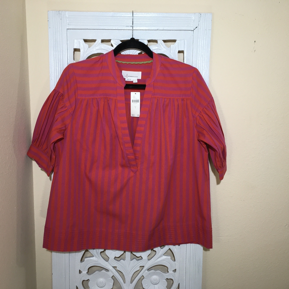 Anthropologie  NWT Vibrant Pink and Orange Striped Blouse Size S